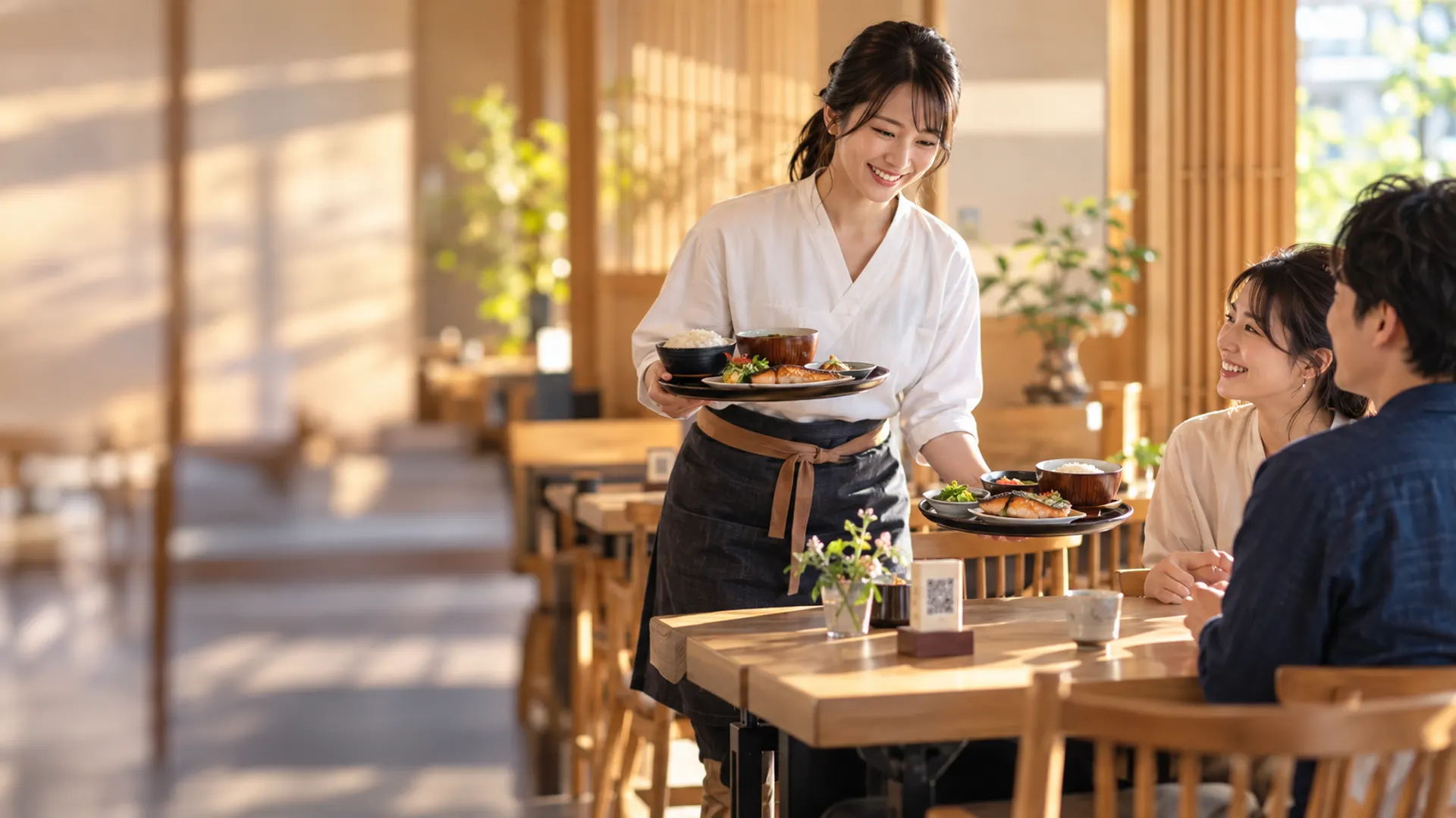 料理を客席へ運ぶスタッフ