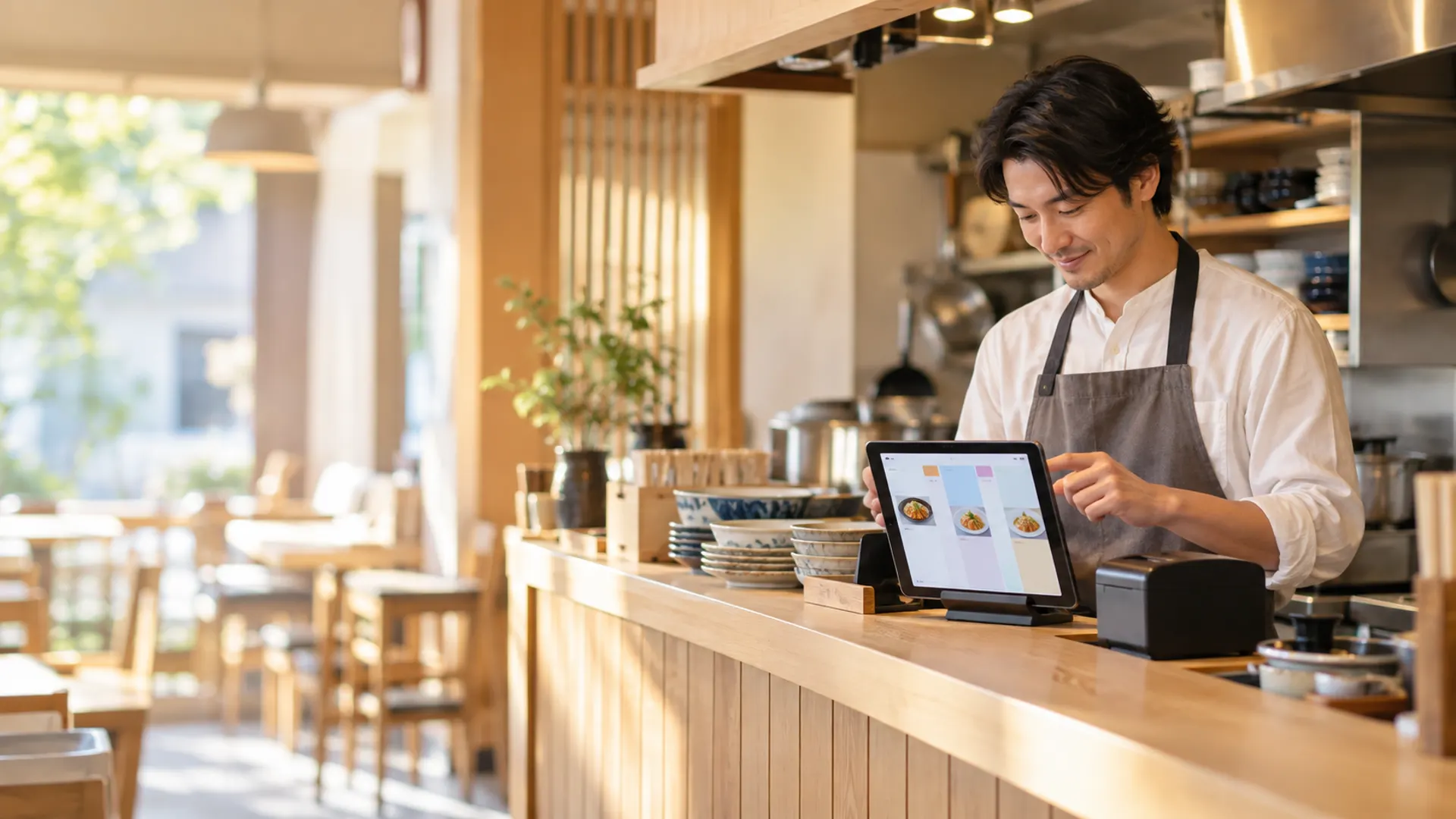 カウンターでタブレットの注文を確認する店主