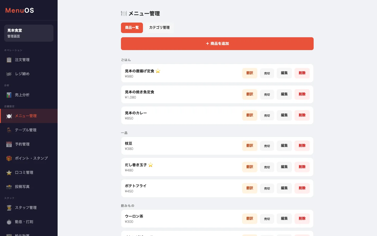 メニュー管理画面の品一覧と翻訳の入力項目