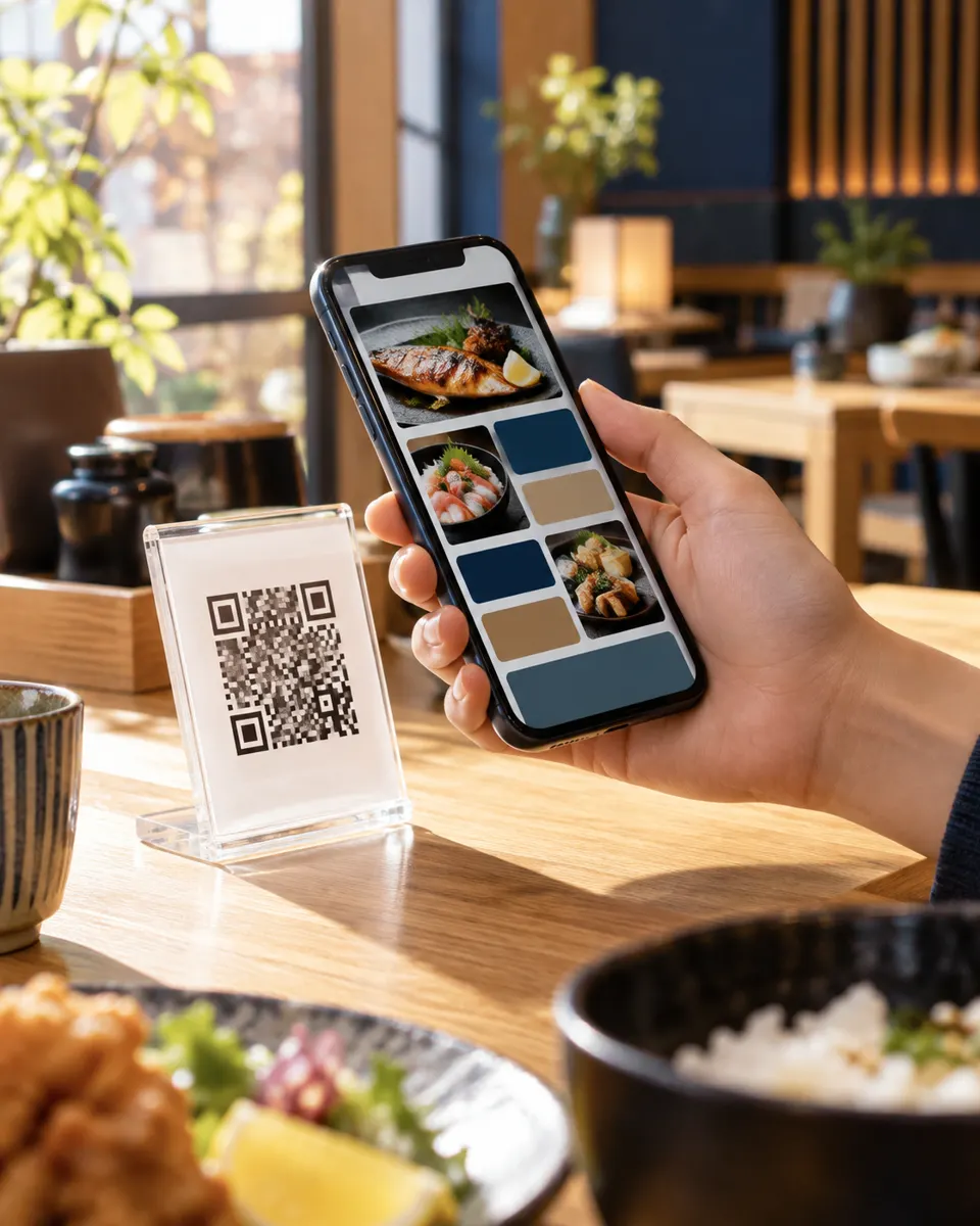 卓のQRスタンドと注文画面を見るスマートフォン