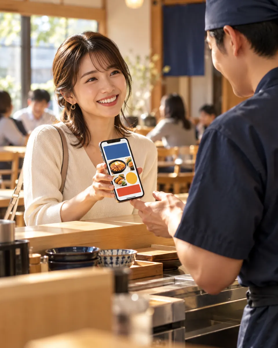 スマートフォンのクーポンを見せる客